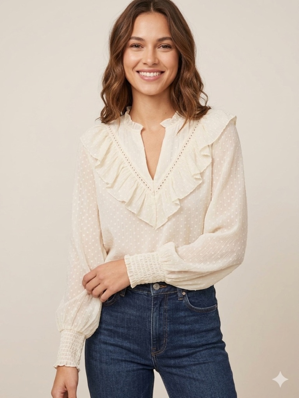 ZARA Cream/Ivory Swiss Dot Ruffled V-Neck Lace Trim Blouse Size L